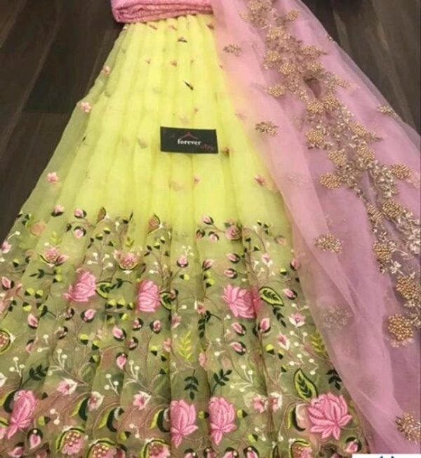 HEAVY BANGLORY SILK WITH MULTY THRED WORK ALLOVER LAHENGHA - L×B, Yellow & Green, Silk